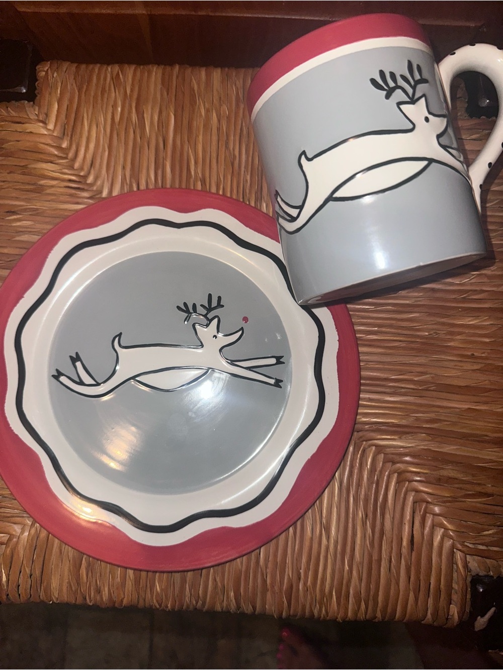 Southern Living Gray and Red Reindeer Mug and Plate Set